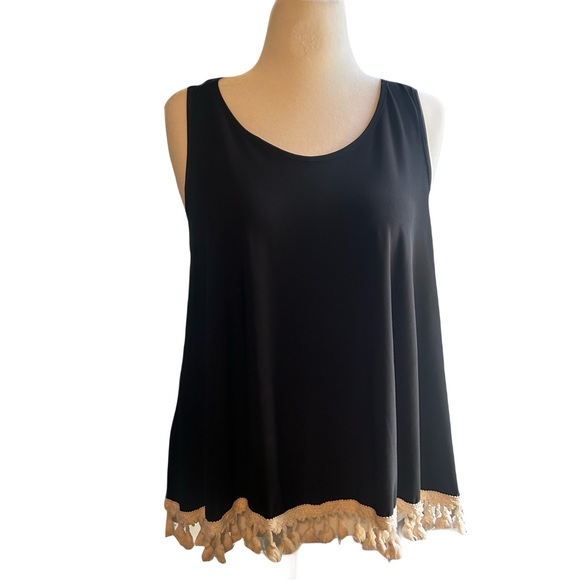 Judith March Tops - Black Sleeveless Top with Cream Tassels Size Large